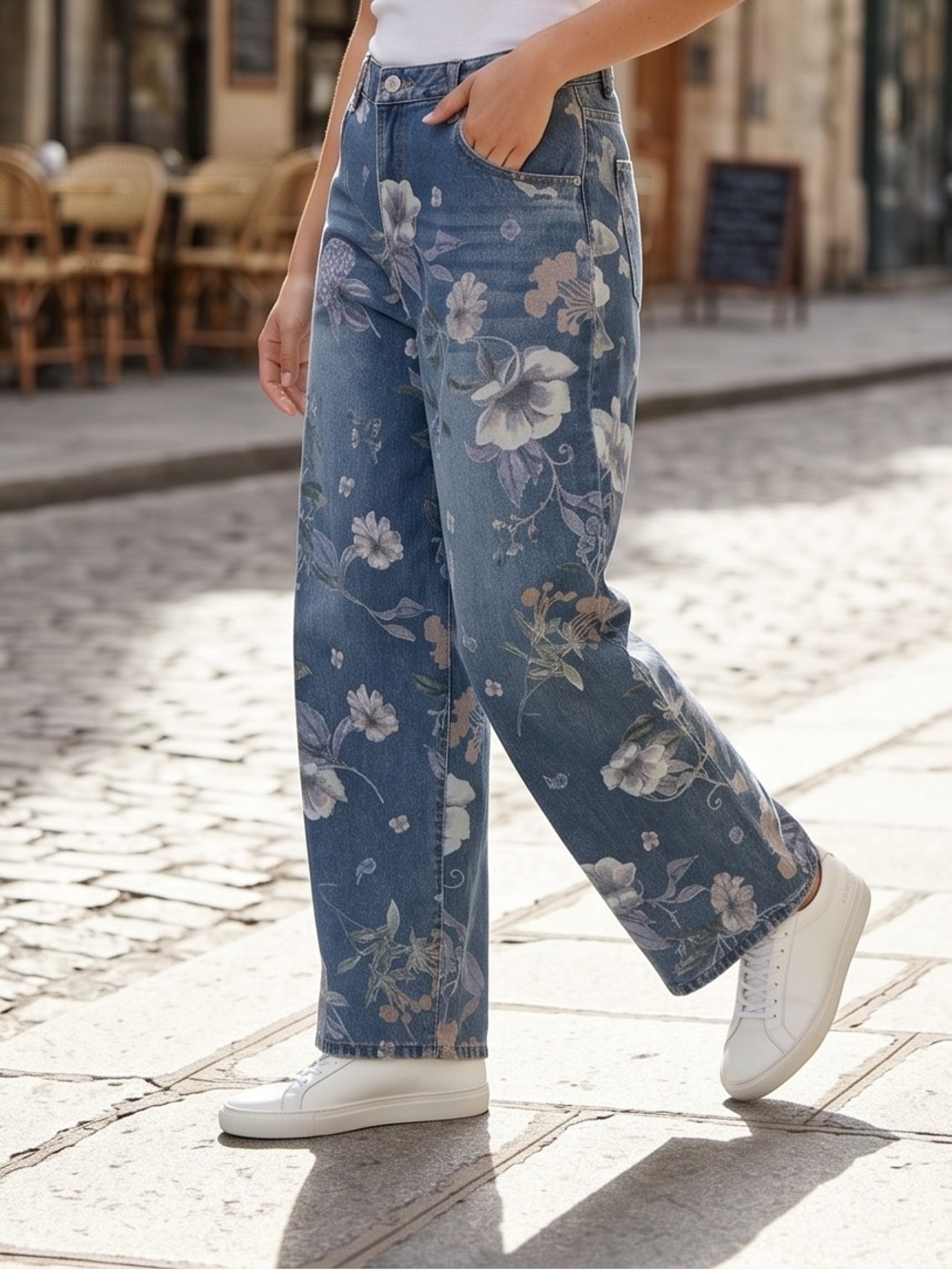 SHEIN CURVE Blue Floral Wide-Leg elastic waist Jeans Pants Plus Size 3X